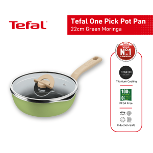 Tefal One Pick Pot Pan Deep Pan 22cm + Lid (Green Moringa) Non stickNo.1 Cookware* PFOA Free for all stoves easy to clean 16K resistant