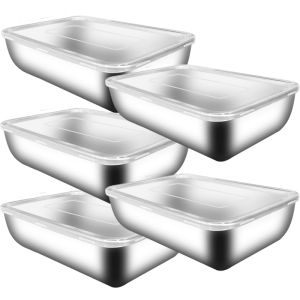 5Pcs Stainless Steel Food Tray Rectangle / Dish Plate with Cover / Kitchen Refrigerator Organizer Storage Box