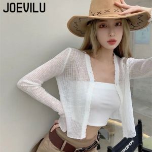 JOEVILU Thin Sunscreen Shirt Womens Summer Outerwear Crop Tops Hollow Out White Long-sleeved Cardigan Elegant Casual Shawl Coat2026
