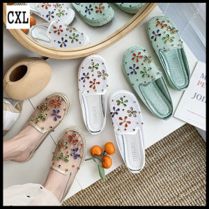 CXL Fashion Beautiful Mules Slippers INS Style Translucent Flowers Pearl Inlay Sandals For Women (Size 35-40)