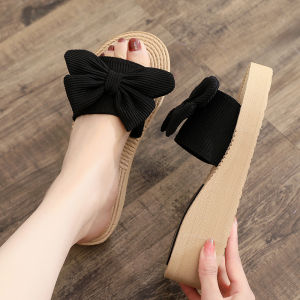 [Free Shipping] New Summer Simple Bowknot Slide Sandals for Women Outdoor Wear Wedge Heel Thick Sole Casual Versatile Straw Beach Sandals