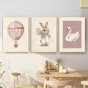 (with Frame) Watercolor Bunny Swan Hot Air Balloon Canvas Poster Cute Nursery Wall Painting Aesthetic Artwork for Kids Bedroom Home Decoration