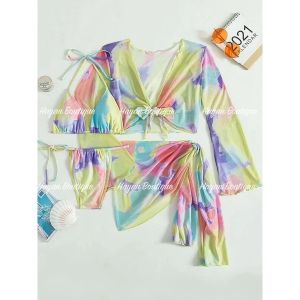 BiKI1 Set bikini 4 món tam giác kèm áo khoác và khăn cộtbộ đồ bơi đi biển sang chảnh BiKI1