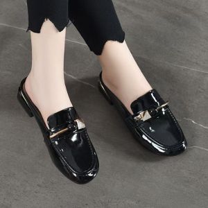 [Free Shipping] WomenS Outdoor Slippers 2026 Autumn Korean Style Pearl Buckle Rhinestone Sandals Flat-Soled Lazy Loafers Half Slippers