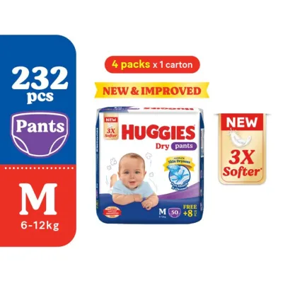 HUGGIES Dry Pants Diapers M 58s (4 Packs) - Absorbent and dry diapers for baby