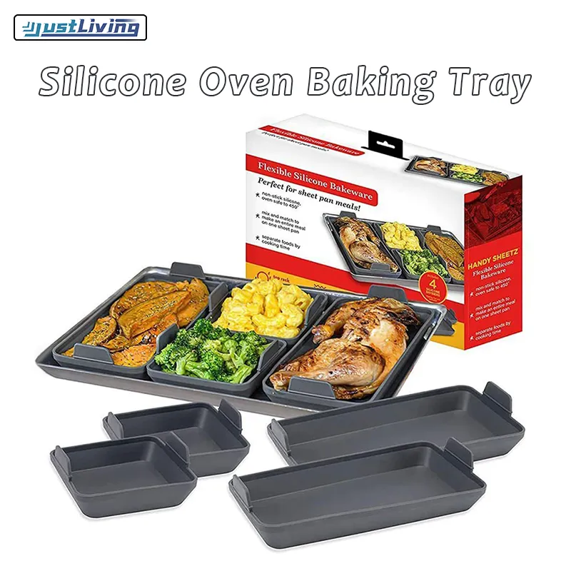 JustLiving 4Pcs/set Nonstick Bakeware Tray Set Silicone Baking Sheet Pan  Dividers Sturdy Heatproof Handles Reusable Bakeware Set for Meal Prep  Baking