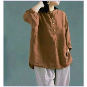 Kemeja Wanita Oversize Kerah Shanghai Ld 120cm - Blouse Linen Polos Big size Jumbo