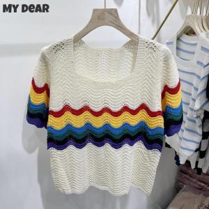 Rainbow Striped Shirts for Ladies New Style Ice Silk Knitted Shirt Hollow Top