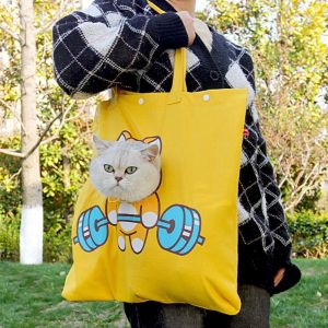 OUTOPEN Exposed Pet Shoulder Bag Canvas Foldable Cat Dog Carrier Bags Pets Handbag Cartoon Printing Pet Crossbody Bag for Outgoing