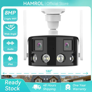 Hamrol 8MP 4K Dual Lens Ultra wide angle 180° Wifi IP Camera Outdoor 4MP Full Color Night Vision Ai Human Detect CCTV Security Camera