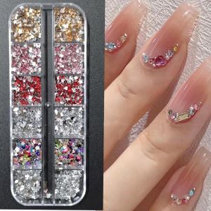 ZEEMIN 12Grids Mini Champagne Gold Nail Art Rhinestones Mixed Flatback Crystal Nail Gems Charms 3D Shining Diamond Glass Stone Nail Dec