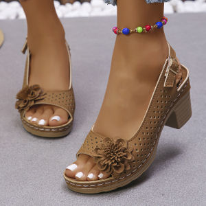 Free Shipping Plus-Size Floral High-Heeled Sandals For Women New 2025 Fashion Casual Buckle-Style Solid-Color Roman Sandals