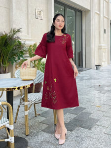 Đầm Linen suông dáng A thêu hoa lá tay bèo dành cho nữ thanh lịch MS112 - Lady Fashion - Khánh Linh Style