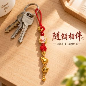 已开光 招财钥匙扣 手机链 礼物 Fortune-Taking Keychain Mobile Phone Chain Gift 加工定制国潮钥匙扣彩绘招财猫搭配金葫芦元宝手机链员工福利挂件