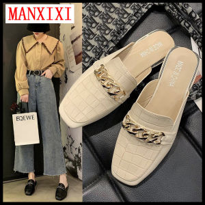 MANXIXI Brand Fashion Loafers Beautiful Gold Chain Low Heel Mules Sandals For Women (Size 35-43)
