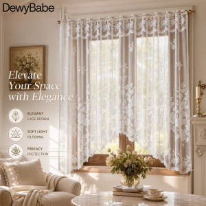 DewyBabe Lace Half Curtain Semi Sheer Window Drape White Polyester Punch Free Door Panel Home Decor
