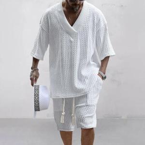 2026 Spring and Summer Casual Shorts Set Knitted Two Piece Mens V-neck Short Sleeve T-shirt and Shorts Street Wear Knitted Set2026