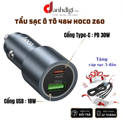 Tẩu sạc nhanh Ô tô 48w Hoco Z60 có 2 cổng Type C PD30w + USB 18W QC3.0 dùng cho xe hơi chất liệu hợp kim