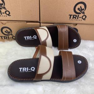 TRIQ SANDAL SELOP SLOP KULIT PRIA CASUAL COKLAT KREM