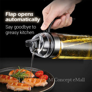 M Concept eMall Botol Isi Minyak Masak Cooking Oil Bottle Dispenser Condiment Canister Soy Sauce Vinegar Container Storage Jar Glass Automatic Open High Borosilicate Glass Seasoning Can Full Cover Lid and Stainless Steel Nozzle