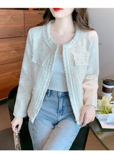 Aó khoác dạ Tweed nữ dáng ngắn mẫu mới hót phong cách hàn quốc cổ tròn cúc chuỗi trắng hàng thiết kế cao cấp hai lớp thời trang thu đông