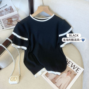 LUCKIN STORE Womens Stripe Short Sleeve T-shirt Korean Loose Knit Round-neck Tops Summer New Stripe Shirt Plus Size Tops