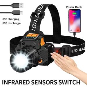 T18 Outdoor headlight Strong Light Zoom USB Charging Sensor LED Headlamp Outdoor Multi-Function Head Torch Lantern