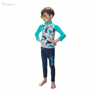 Swimming Suit for Kids Swimming Outfit for Kids Boys Two Piece Swimwear for Baby 2-12 Y Boys Long Sleeve Rash Guards with Swim Cap Light Blue & Sharks Print