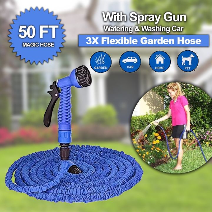 Magic Hose Expandable Flexible Plastic Blue Hose With Spray Gun Garden
