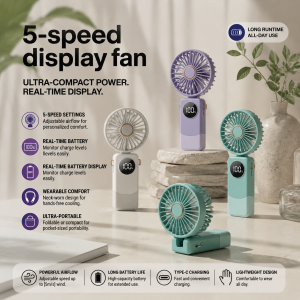 Rechargeable 5-speed Mini Fan Adjustable Cooling Handheld Fan with Battery Display Charging Mobile