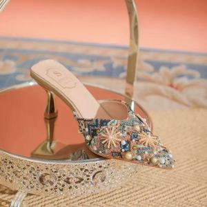 Luxury String Bead Diamond Decoration Pointed Toe High Heel Slip-On Mules Embroidery Shiny Rhinestone Slide Slippers for Women Elegant Wedding Bridal Shoes