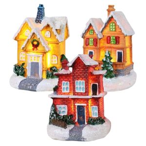 ZHAOCAIMAO Luminous Christmas Snow House Winter Snow Glowing Cabin Village Christmas Figurine Landscape Scene Miniature Model LED Lighted Houses  Room