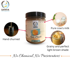 Sathva Hand Churned Cows milk Ghee 500ml. Light brown shade aromatic and grainy texture