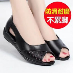 [Free Shipping] Fashionable Peep-Toe Sandals for Women New Summer Flat Wedge Heel Womens Shoes Soft Leather Single Shoes for Women