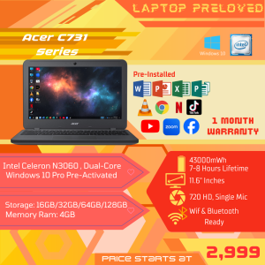 Acer C731 Series | Intel Celeron N3060 | 4GB RAM | 11.6-Inch HD Screen | BUILT IN CAMERA | SD CARD SLOT PRELOVED