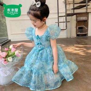 Kids Girls Dress 2025 Summer New Style Children Zebra Blue Puff Sleeve  Princess Birthday Dresses For Casual Outfits wear 3-12 Years Old