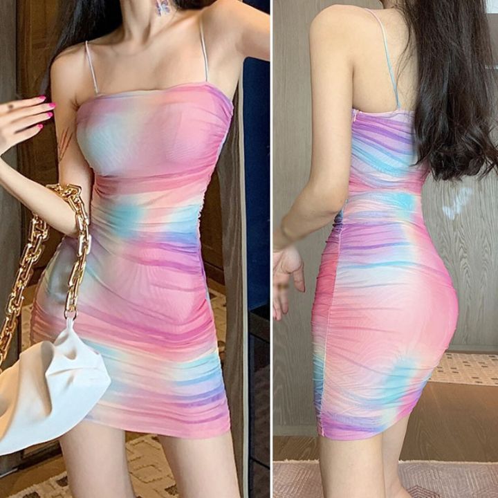 Women s Rainbow Lace Gauze Tight Sexy Suspender Dresses Backless Sling Dress Lazada PH