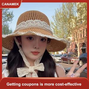 【CANAMEK】 Phụ nữ ren visors hat rộng vành lớn bãi biển Mũ mùa hè Mũ Rơm có thể gập lại Sun hat thời trang bãi biển UV bảo vệ cap
