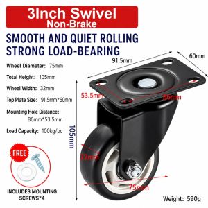 LUSIT 1.5" 2" 3" Caster Wheels Heavy Duty Black Swivel Caster Durable With Brake Chair Wheels