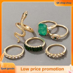 ✨QK shop✨ 6pcs set Luxury Green Rhinestone Snake Rings for Women Vintage Crystal Jewelry