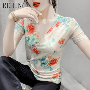 REHIN Summer Fashion Mesh Printed Floral Short Sleeve V-neck T-shirt Slimming and Korean Stylish Womens Top
