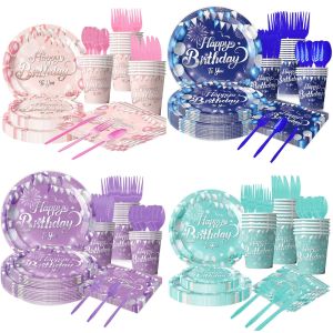 ข้ามพรมแดนใหม่สีชมพูสีฟ้าและสีม่วงตกแต่งงานเลี้ยงวันเกิดสถานที่จัดสี่สีแผ่นกระดาษถ้วยกระดาษธงพรรคซัพพลาย