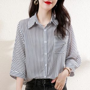 เสื้อใส่ทำงานลายทางสไตล์เกาหลีสำหรับผู้หญิงเสื้อเบลาส์ผ้าชีฟองแฟชั่นมีปกคอเสื้อขนาดใหญ่สำหรับผู้หญิงปี2025