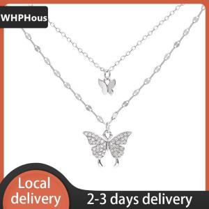 [COD] WHPHous Ship within 24 hours Fashion Shiny Butterfly Necklace Ladies Exquisite Double Layer Clavicle Chain Cool Neck Chain For Women Jewelry Gift