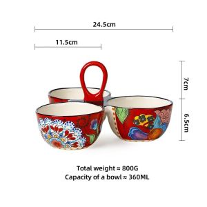 OMK American Style Underglaze Ceramic Divided Serving Dishes Fruit Salad Bowl Snack Plate Natalia Red Series