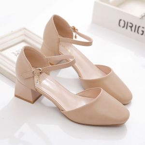 รองเท้าแตะส้นสูงสตรีหนังแท้รองเท้าส้นสูงสตรีส้นปานกลางส้นหนาสแควร์นิ้วเท้ารองเท้าแตะกลวงหนึ่งหัวเข็มขัดรองเท้าแตะสตรี