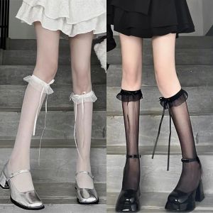 💖LH Shoes💖ถุงน่องลูกไม้ ถุงน่องผู้หญิง ตกแต่งด้วยริบบิ้นสีทึบโบว์ ถุงน่องเหนือเข่าฤดูร้อน ถุงเท้าน่องโลลิต้า