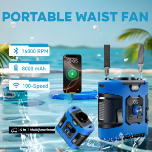 Portable Belt Fan 100 Bilis - 8000mAh USB Rechargeable Clip Waist/Neck Power Bank LED Light & SOS 40H Cooling Outdoor Camping