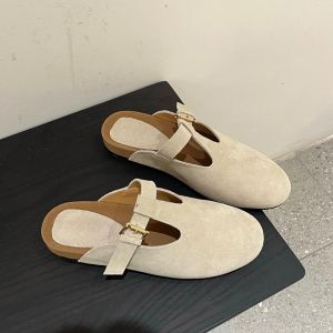 Free Shipping Frosted Soft Leather Slip-On Casual Thick-Soled Closed-Toe Half Slippers For Women Suitable For Outdoor Wear