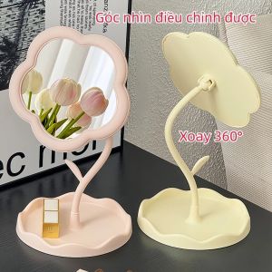 Gương Makeup Để Bàn Mini Xoay 360° – Gương Trang Điểm Hình Hoa Có Khay Đựng Son
